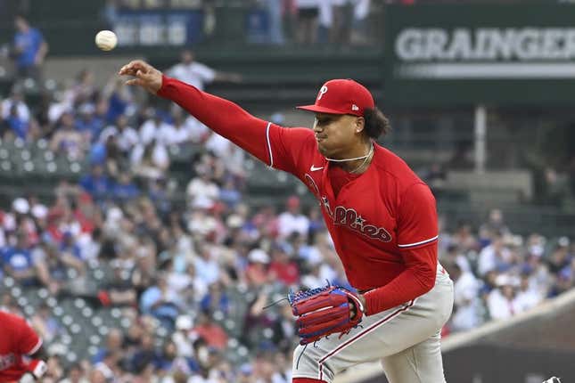 Jun 29, 2023; Chicago, Illinois, USA;  Philadelphia Phillies starting pitcher Taijuan Walker (99) delivers against the Chicago Cubsduring the first inning at Wrigley Field.
