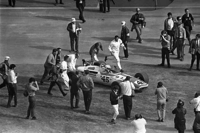 Ronnie Bucknam pulls into victory lane after winning a 1968 race at Michigan International Speedway.