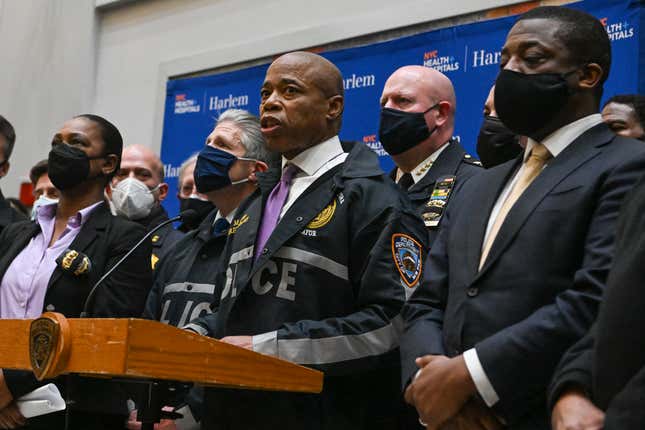 New York City Mayor Eric Adams speaks to members of the media at Harlem Hospital on January 21, 2022 in New York City. One officer was killed and the other remains in critical condition at Harlem Hospital. The officers were shot while responding to a domestic violence call near the 32nd precinct in Harlem.