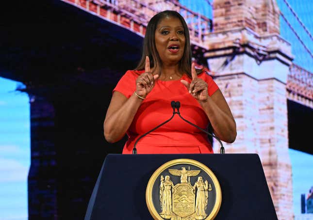 New York Attorney General Letitia James speaks after being sworn into office during Gov. Kathy Hochul’s inauguration ceremony, Sunday, Jan. 1, 2023, in Albany, N.Y.