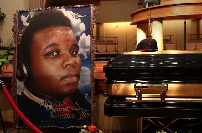 ST. LOUIS, MO - AUGUST 25: The casket of Michael Brown sits inside Friendly Temple Missionary Baptist Church awaiting the start of his funeral on August 25, 2014 in St. Louis Missouri. 