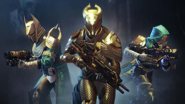 Three Destiny 2 guardians in shiny armor run hold rifles.
