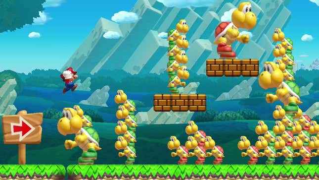 A Super Mario Maker for Wii U screenshot depicting Mario attempting to goomba stomp on a variety of big and small Koopa Troopas.