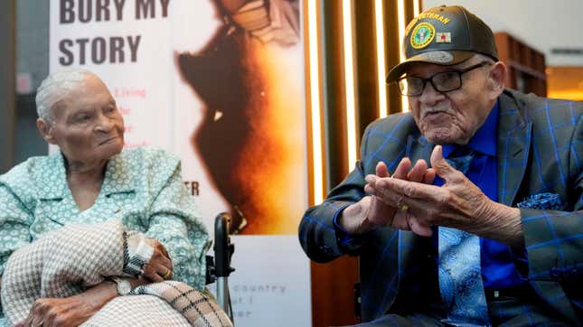 Tulsa Race Massacre survivor Viola Ford Fletcher, left, is joined by her younger brother, Hughes Van Ellis, during an interview with The Associated Press, Friday, June 16, 2023, in New York.