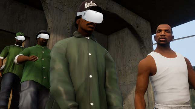 The main gang of characters from GTA San Andreas wearing VR headsets. 