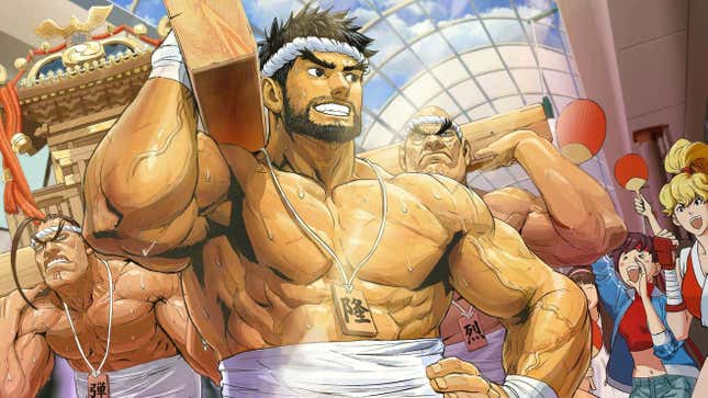 Ryu is seen shirtless and working with others and clearly being the only one who isn't straining himself.