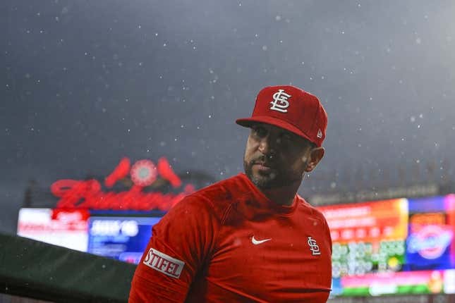 Jul 14, 2023; St. Louis, Missouri, USA;  St. Louis Cardinals manager Oliver Marmol (37) leaves the dugout after a rain delay was announced during the third inning against the Washington Nationals at Busch Stadium.