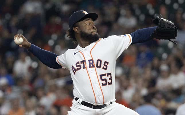 May 16, 2023; Houston, Texas, USA; Houston Astros starting pitcher Cristian Javier (53) pitches against the Chicago Cubs in the first inning at Minute Maid Park.