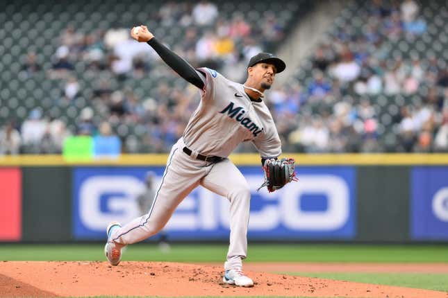 Jun 14, 2023; Seattle, Washington, USA; Miami Marlins starting pitcher Eury Perez (39) pitches to the Seattle Mariners during the first inning at T-Mobile Park.