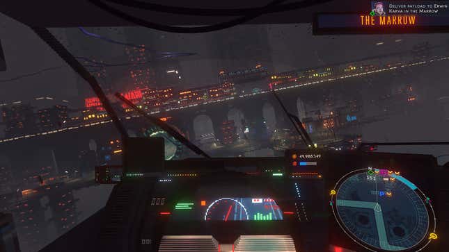 A first-person perspective of a flying car's cockpit in Cloudpunk shows a colorful city beyond the windshield.