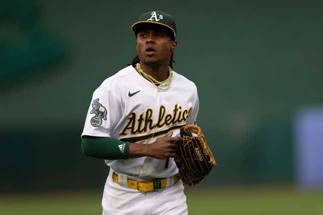 Jun 28, 2023; Oakland, California, USA;  Oakland Athletics center fielder Esteury Ruiz (1) during the first inning against the New York Yankees at Oakland-Alameda County Coliseum.