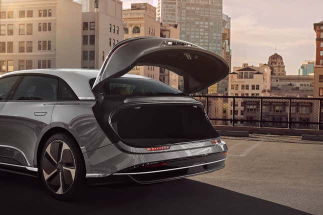The rear trunk lid is open on the 2023 Lucid Air Touring