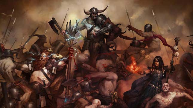 Art shows Diablo IV character classes facing off against hordes of demons. 
