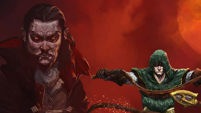 Two vampire survivors stand next to each other in key art for Vampire Survivors.