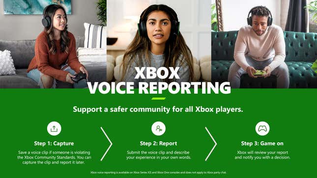 An Xbox graphic detailing its new voice reporting feature for a "safer ocmmunity for all Xbox players." It includes images of three people wearing headsets and playing video games. 