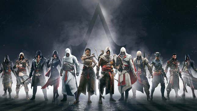A large group of assassins from multiple games stand together in front of the franchise's logo.