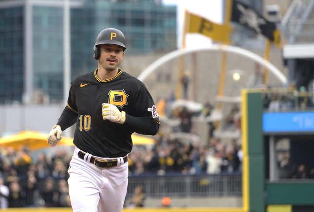 Apr 7, 2023; Pittsburgh, Pennsylvania, USA;  Pittsburgh Pirates left fielder Bryan Reynolds (10) circles the bases on a three-run home run against the Chicago White Sox during the fourth inning at PNC Park.