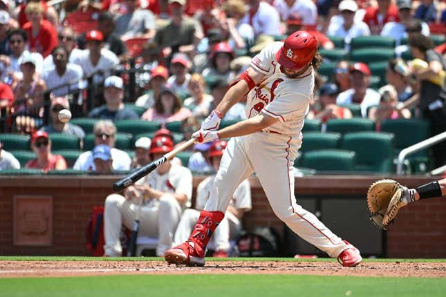 Jul 1, 2023; St. Louis, Missouri, USA; St. Louis Cardinals first baseman Alec Burleson (41) hits an RBI single against the New York Yankees in the third inning in game one of a double header at Busch Stadium.