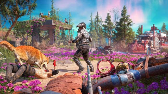 A screenshot shows a dog attacking someone while a person watches near bright pink flowers.