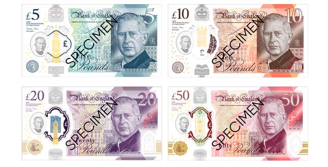 Mockup of pound bills with King Charles III 