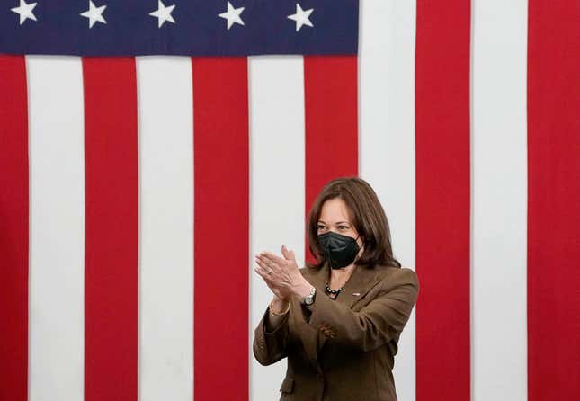 US Vice President Kamala Harris applauds during an event at the Training Recreation Education Center in Newark, New Jersey, to highlight funding in the Bipartisan Infrastructure Law to remove and replace lead pipes on February 11, 2022.