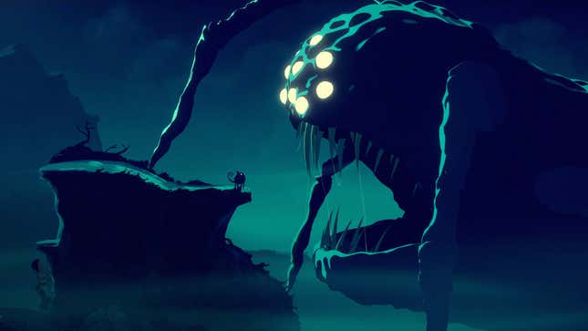 a boy climbs a clilff wall near a monster in planet of lana, a new game announed at e3 2021
