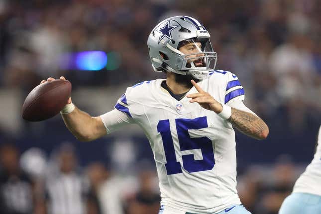 Aug 26, 2023; Arlington, Texas, USA; Dallas Cowboys quarterback Will Grier (15) throws a pass in the fourth quarter against the Las Vegas Raiders at AT&amp;amp;T Stadium.