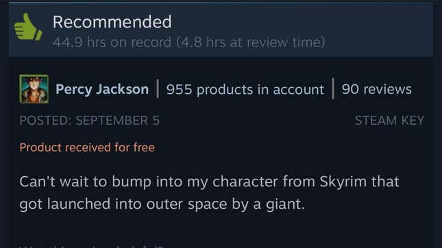 Snímek obrazovky zobrazující recenzi Starfield Steam.