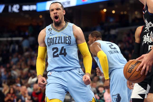Mar 29, 2023; Memphis, Tennessee, USA; Memphis Grizzlies forward Dillon Brooks (24) reacts after a basket during the first half against the Los Angeles Clippers at FedExForum.