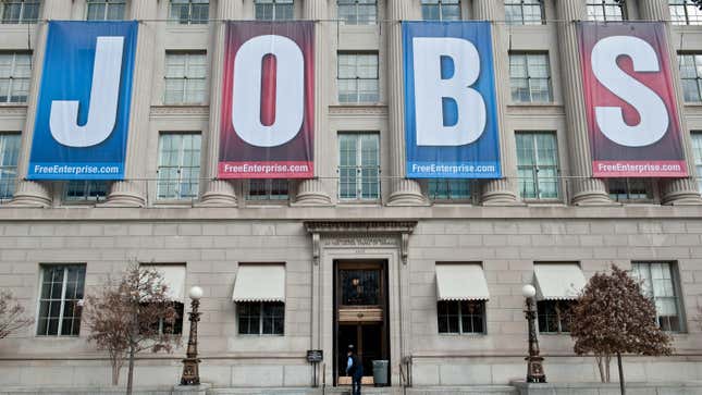 A banner hangs on the facade of the Chamber of Commerce building in Washington, DC.