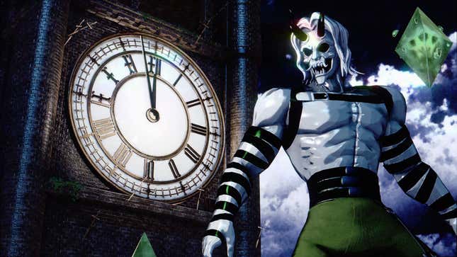 A shredded character in Neon White stands in front of an ominous clocktower.