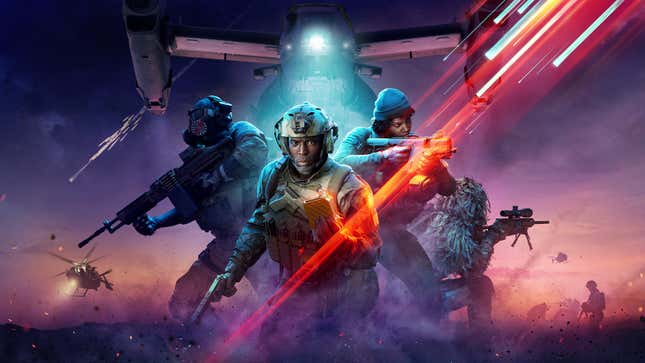 Soldiers stand in front of a plane in Battlefield 2042 key art.
