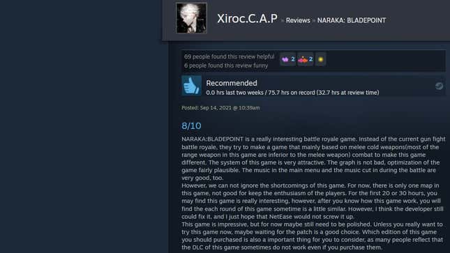 Image for article titled Naraka: Bladepoint, As Told By Steam Reviews