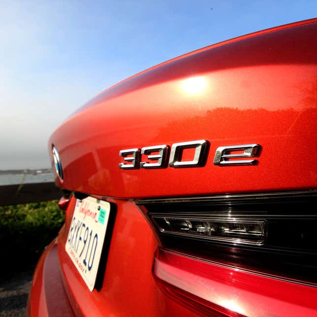 A photo of the name badge at the back of the BMW 330e.