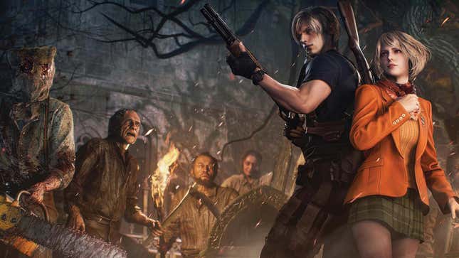 An image shows Leon and Ashely surrounded by dangerous villagers as seen in RE4 Remake.