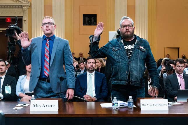 Former Oath Keepers spokesperson Jason Van Tatenhove (R) and Stephen Ayres (L), who has pleaded guilty to entering the Capitol illegally on January 6, are sworn in before a full committee hearing on “the January 6th Investigation” on Capitol Hill on July 12, 2022, in Washington, DC.
