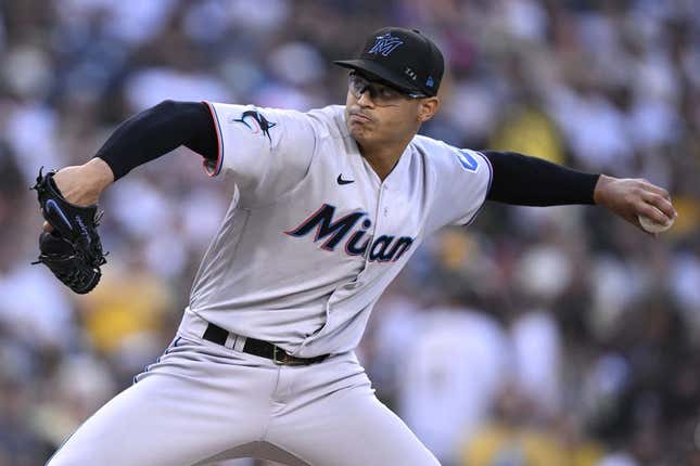 Aug 22, 2023; San Diego, California, USA; Miami Marlins starting pitcher Jesus Luzardo (44) throws a pitch against the San Diego Padres during the first inning at Petco Park.