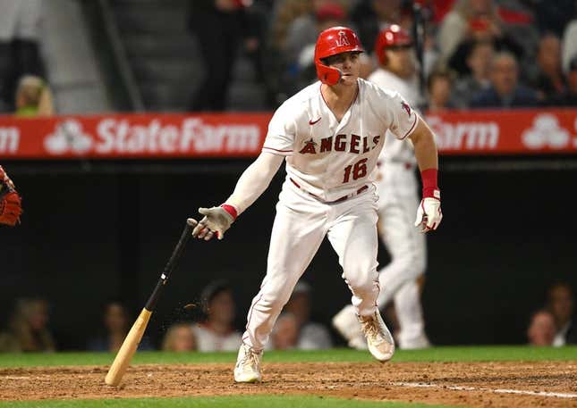 Jun 7, 2023; Anaheim, California, USA; Los Angeles Angels left fielder Mickey Moniak (16) doubles in three runs in the sixth inning against the Chicago Cubs at Angel Stadium.