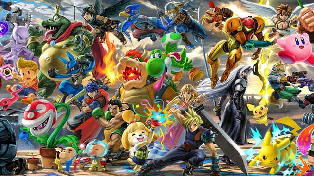 Characters from Super Smash Bros. Ultimate fill the screen in various poses. 