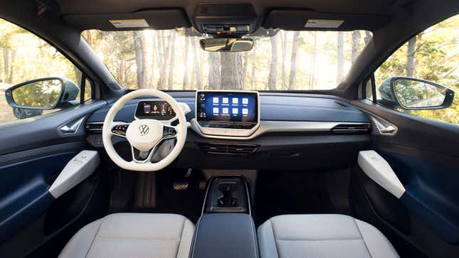 A photo of the touch screens on the dash of a VW ID.4 electric SUV. 