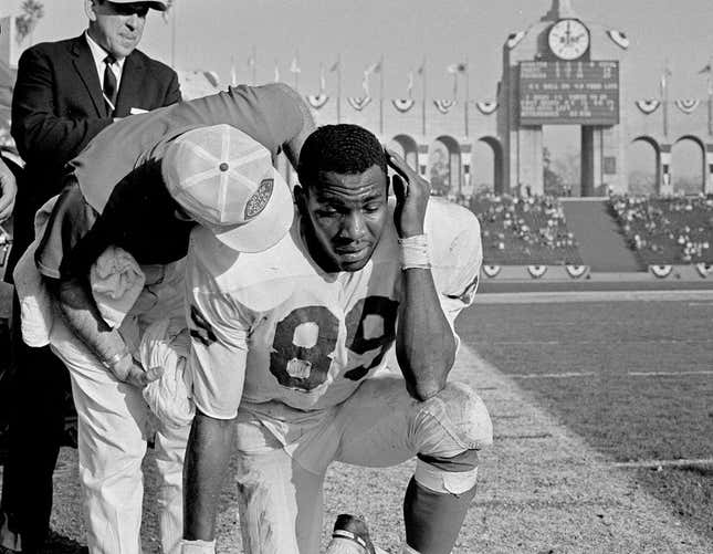 Otis Taylor of the Kansas City Chiefs gets some comforting words from the assistant coach on the sidelines during the Super Bowl at the Los Angeles Memorial Coliseum in Los Angeles, Calif., Jan. 15, 1967. Taylor is one of the stars of the Chiefs, but the Green Bay Packers won the game 35-10.

Otis Taylor