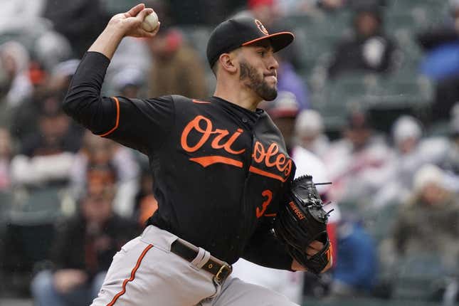 Apr 16, 2023; Chicago, Illinois, USA; Baltimore Orioles starting pitcher Grayson Rodriguez (30) throws the ball against the Chicago White Sox during the first inning at Guaranteed Rate Field.