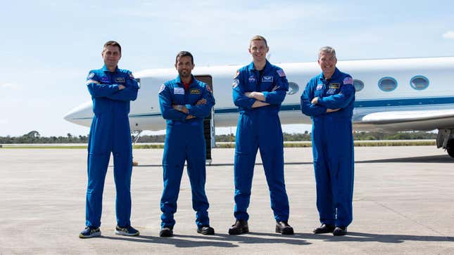 SpaceX Crew-6 astronauts pause for a photograph after arriving at Kennedy Space Center’s Launch and Landing Facility in Florida on Feb. 21, 2023.