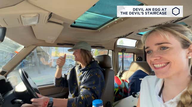 Sam and Toby in a car on Jet Lag: The Game.