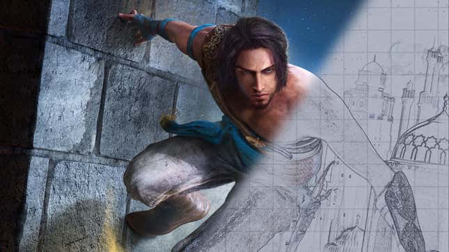 The Prince runs along a wall as part of the image turns into a blueprint. 