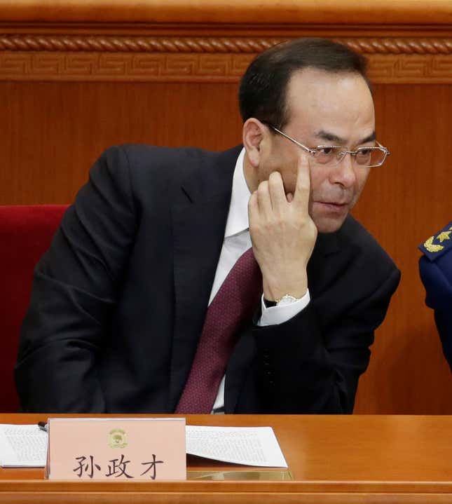 Chongqing Municipality Communist Party Secretary Sun Zhengcai attends the opening session of the Chinese People's Political Consultative Conference (CPPCC) at the Great Hall of the People in Beijing, China March 3, 2015. Picture taken on March 3, 2015.