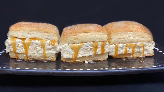 Three Angel Biscuit Sandwiches With Honey And Brown Butter Semifreddo on plate
