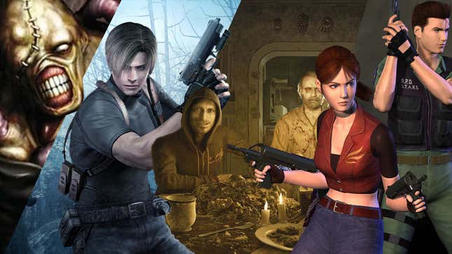 A collage show various enemies and Resident Evil characters together, including Leon and Nemesis.