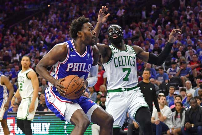 May 7, 2023; Philadelphia, Pennsylvania, USA; Philadelphia 76ers forward Paul Reed (44) drives to the basket against Boston Celtics guard Jaylen Brown (7) during game four of the 2023 NBA playoffs at Wells Fargo Center.
