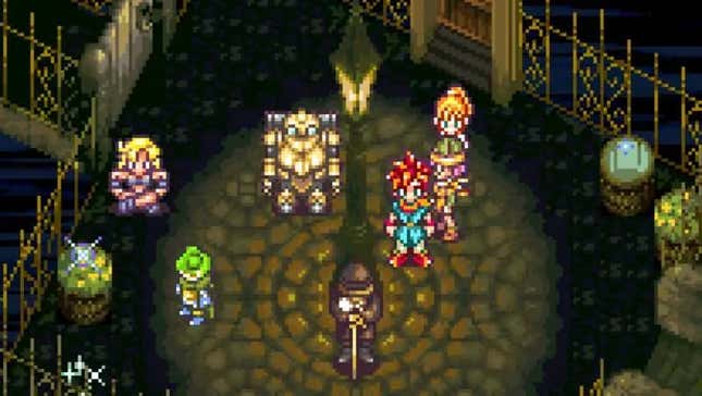 Crono, Frog and the Chrono Trigger gang are seen in a screenshot from the game.